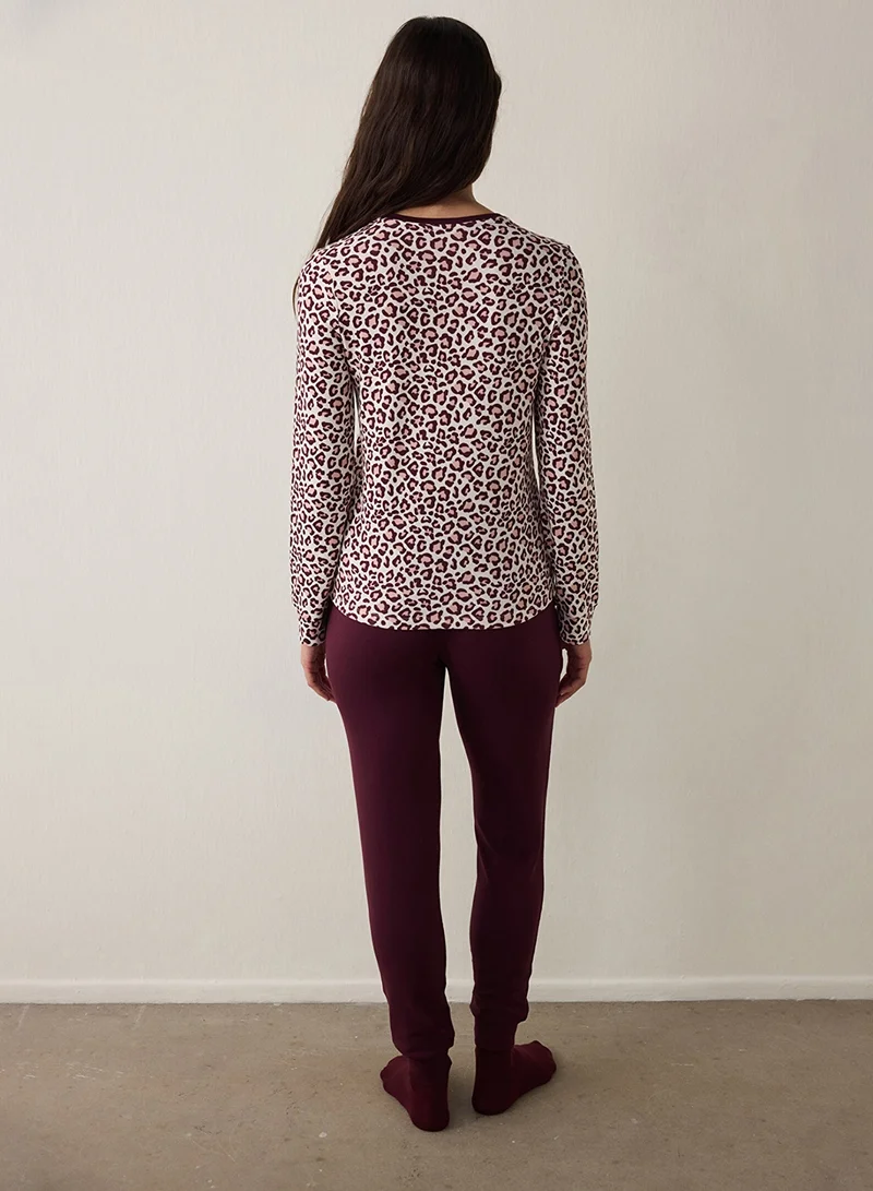 Penti Bordeaux Penti Bordeaux Leopard Patterned Crew Neck Long Sleeve Pajama Top for Women | Best Price UAE
